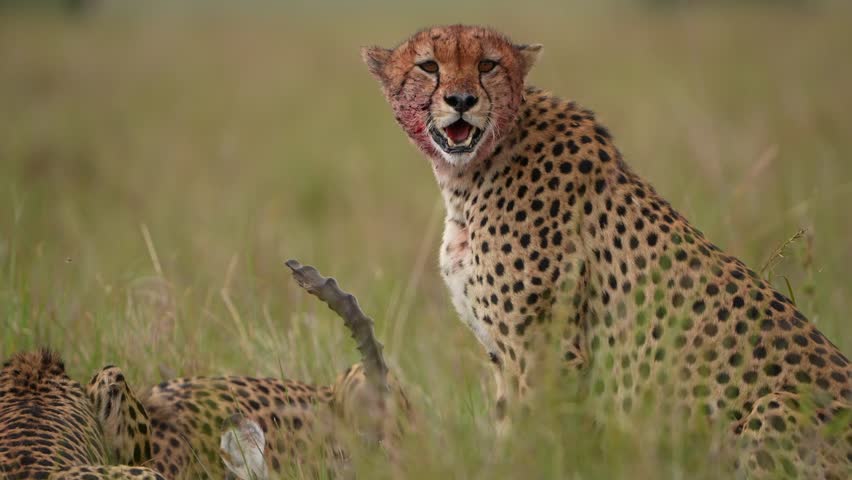 Close Up of Blood Stained Cheetah Face After Feeding on Fresh Prey in African Savannah