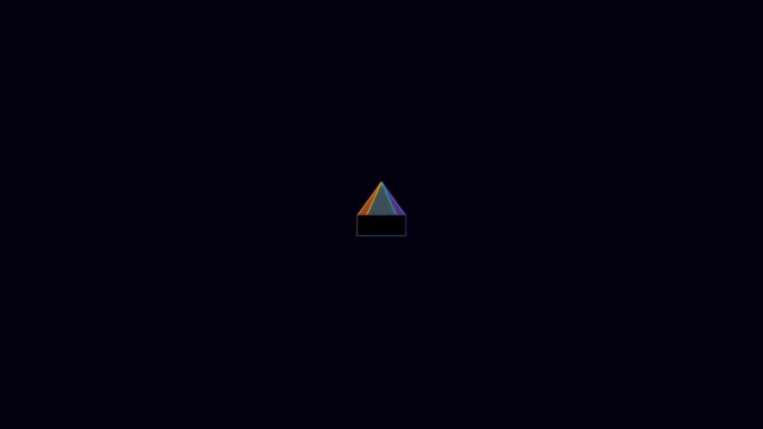 A small, glowing purple and green pyramid on a black background