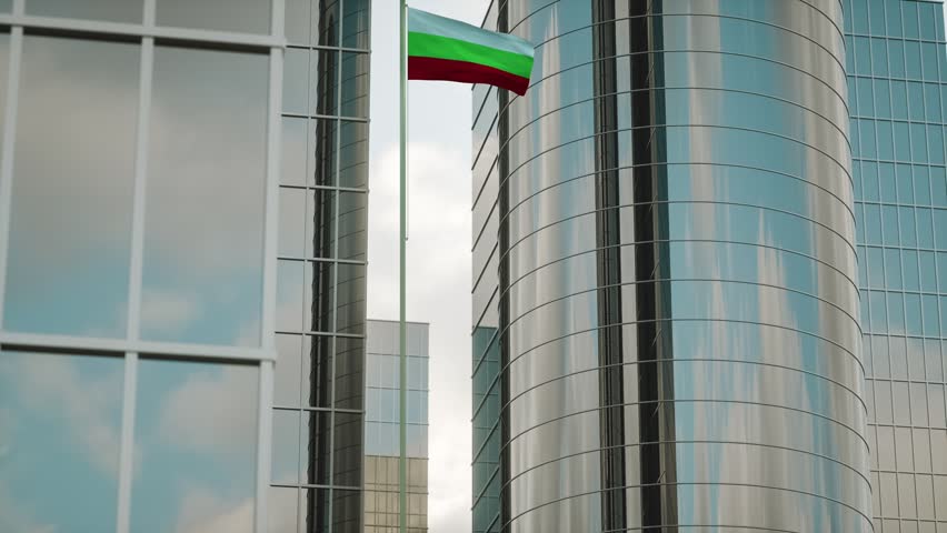 Bulgaria Flag on Pole, City Buildings