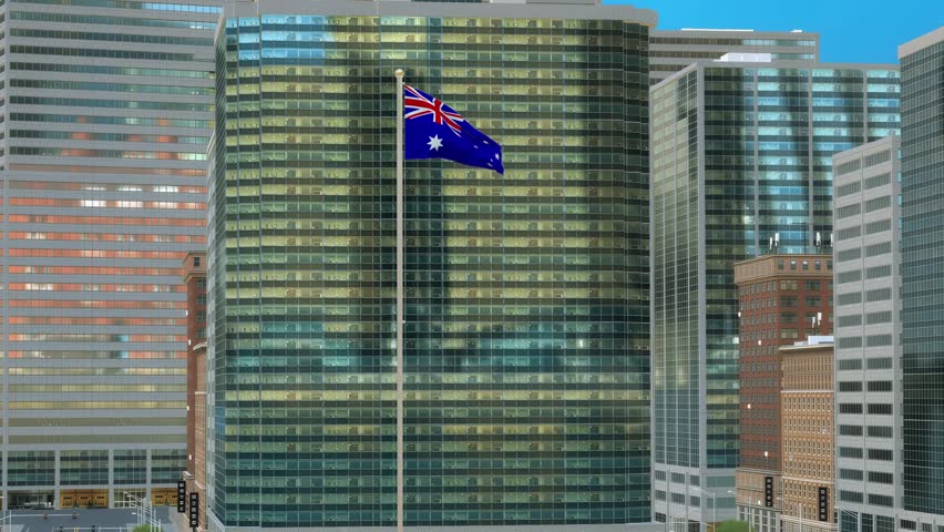 Australia Flag on Pole, Modern Business District Buildings - Daytime View
