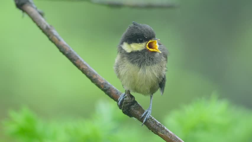 Close-up of a cute fluffy fledgling songbird perched on a thin tree branch against a blurred green nature background