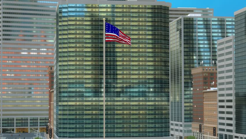 Benin Flag on Pole, Modern Business District Buildings - Daytime View