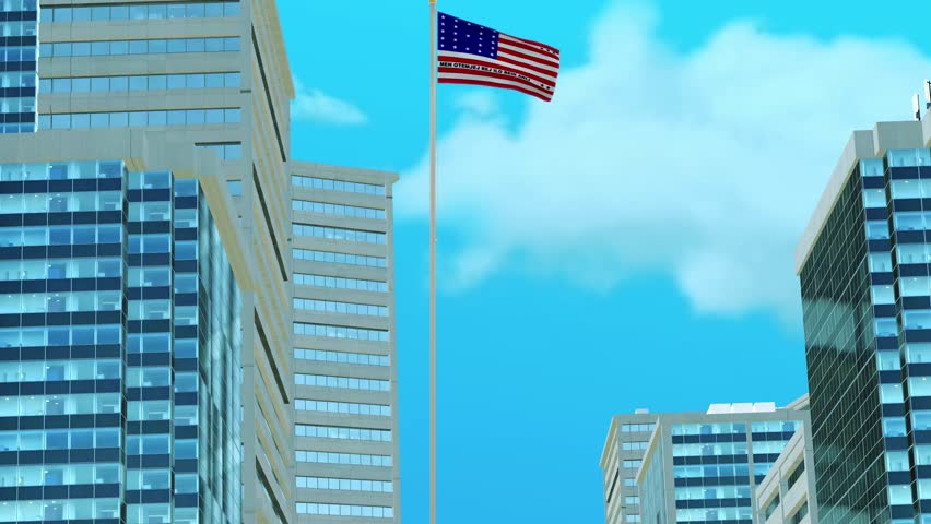 Bikini Atoll Flag with Urban Architecture and Clear Blue Sky
