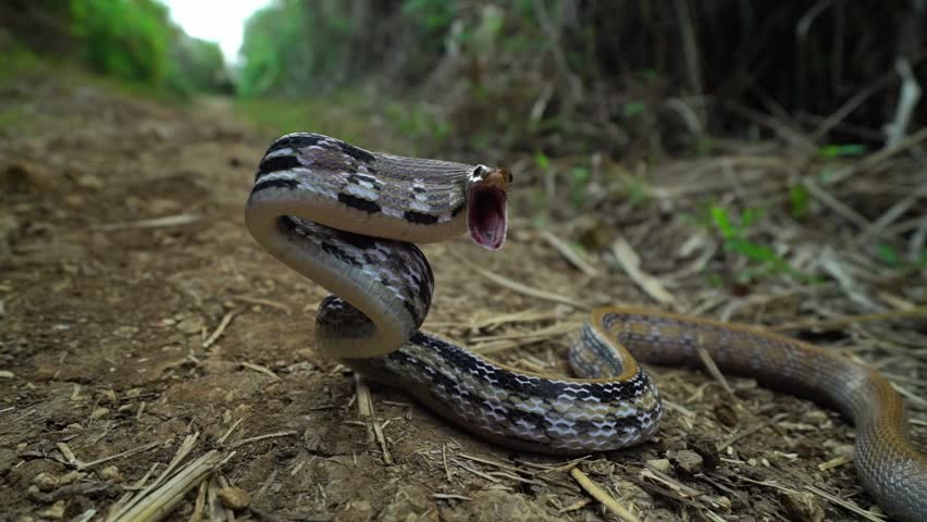 Close-up of a Radiated Ratsnake in a defensive posture within a dense forest. The serpent curves its body and opens its mouth wide as a reactive display against a perceived threat.