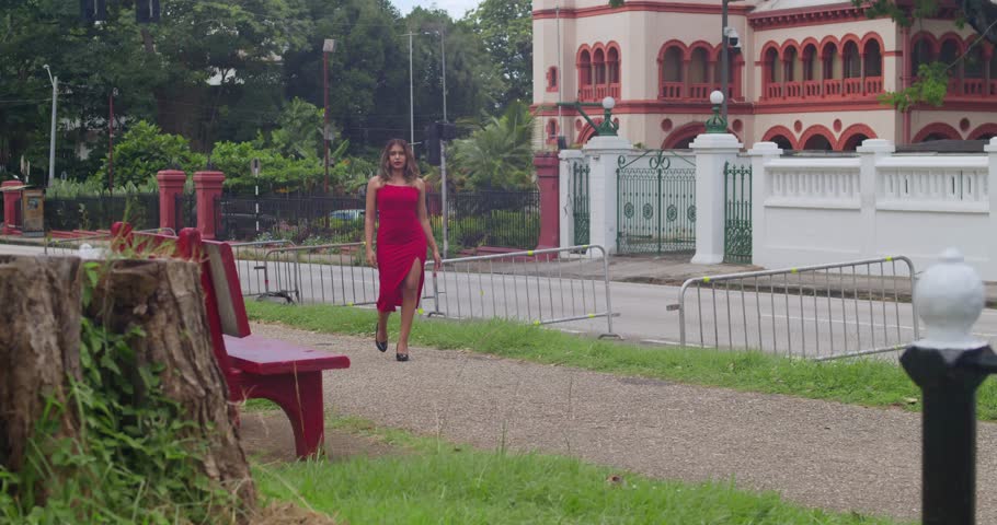 A girl in a dark red velvet dress standing in the courtyard of a Caribbean palace with horses grazing in the distance.