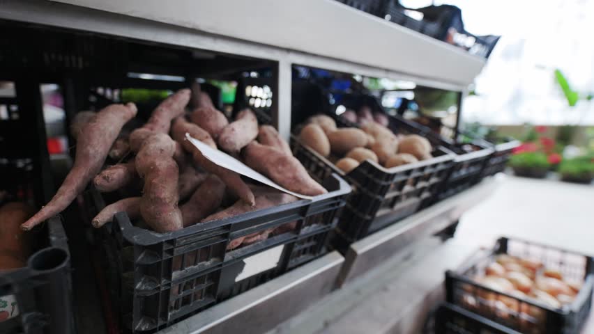 Fresh organic potatoes and yams in crates for sale at a local outdoor farmers market stand