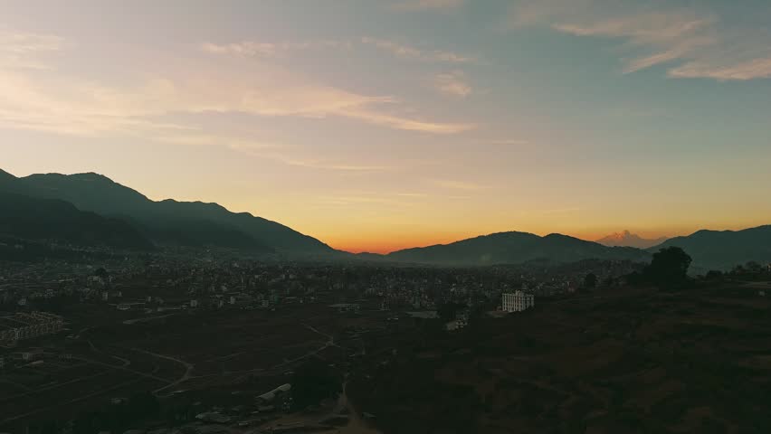 Aerial Panoramic Sunset Over Kathmandu City Valley Himalayan Range Nepal	