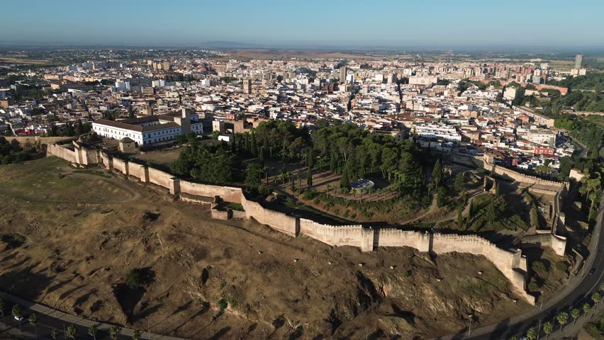 Aerial drone footage of Badajoz Alcazaba Spain impressive Moorish fortress overlooking the historic city of Extremadura