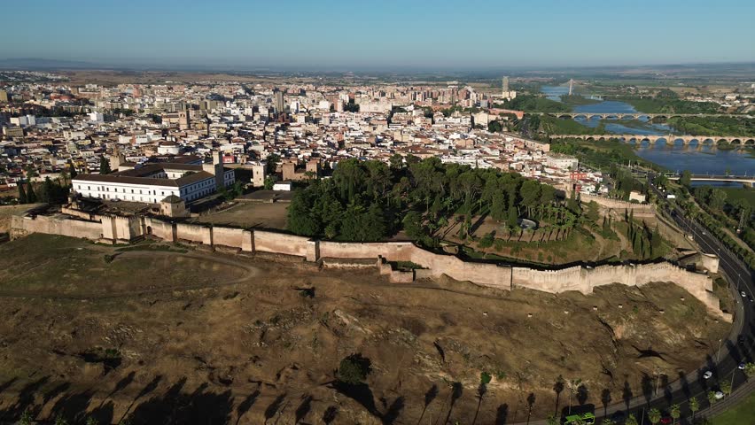 Aerial drone footage of Badajoz Alcazaba Spain impressive Moorish fortress overlooking the historic city of Extremadura