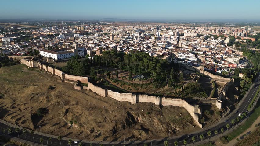 Aerial drone footage of Badajoz Alcazaba Spain impressive Moorish fortress overlooking the historic city of Extremadura
