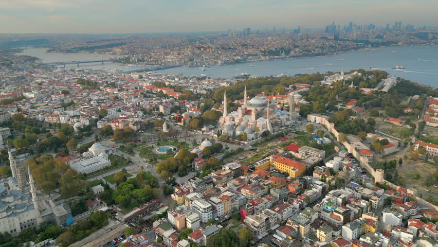 Impressive Hagia Sophia Grand Mosque And Istanbul City Turkey Drone Circling 4K 30FPS