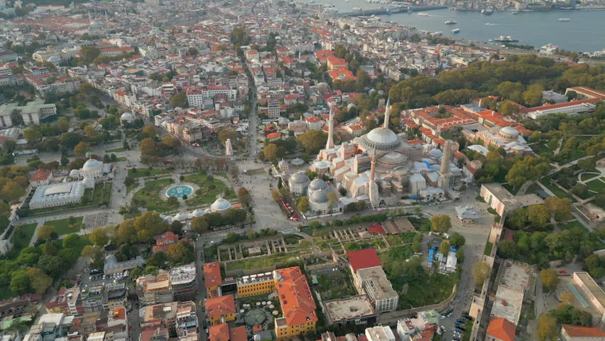 Hagia Sofia Grand Mosque Epic Overhead Drone Shot With Tourists And Ruins Istanbul Turkey 4K 30FPS