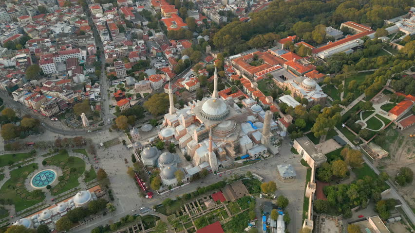 Hagia Sophia Grand Mosque Birdseye Shot With Istanbul City Background Turkey Slow Drone Pan Up 4K 30FPS