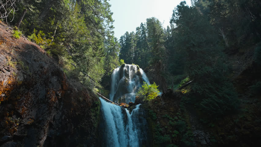 Wide slow tilting down view of the upper and lower waterfalls at Falls Creek Falls plunging through rocky gorge surrounded by forest and mossy cliffs in Washington State
