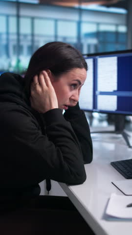Frustrated Woman Developer Struggles With Coding Mistakes In Busy Office.