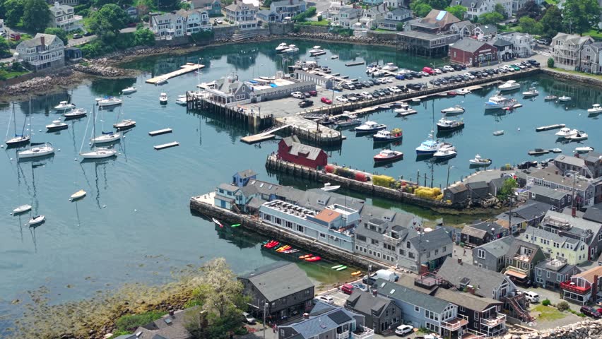Seaside Town And Port Of Rockport In Essex County, Massachusetts, United States. Aerial Sideways Shot