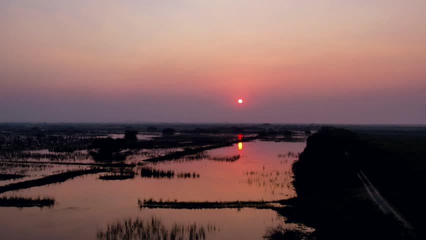 beautiful sunset over a vast wetland in gujarat india with calm water reflections and natural marsh vegetation. scenic landscape showcasing the peaceful beauty of wetland ecosystems during golden hour.