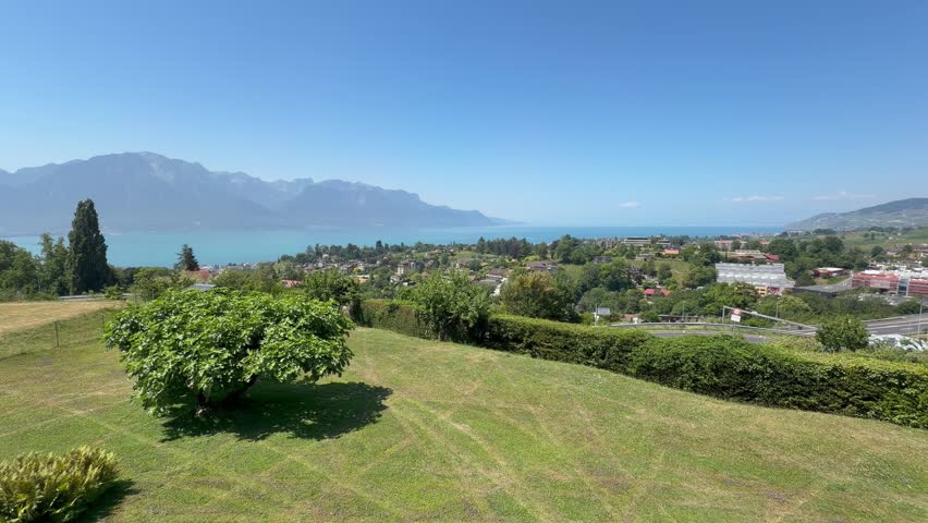 Panoramic Summer View of Swiss Countryside Overlooking Lake Geneva