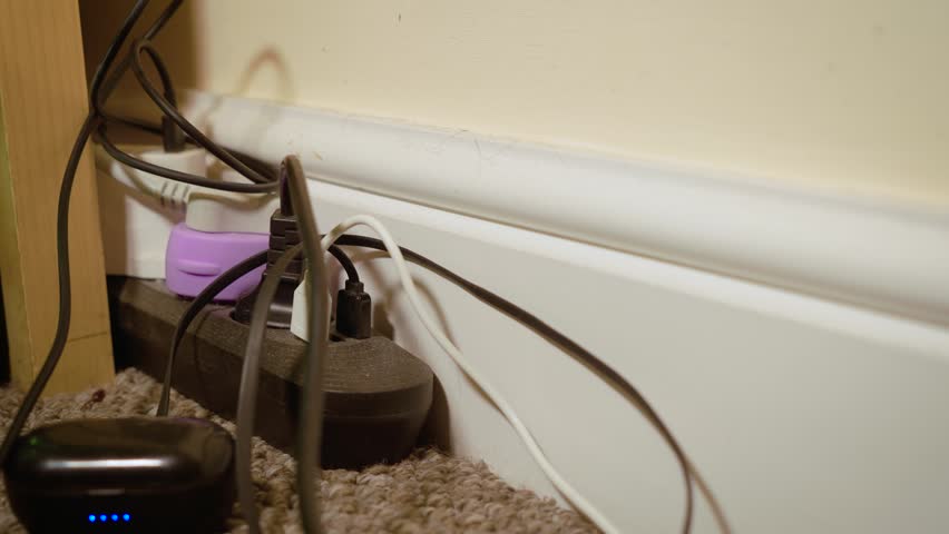Power strip overloaded with chargers beside gaming PC tower. Multiple adapters and tangled cables collecting dust around computer workstation. Electrical safety concern, cable clutter, and unmanaged