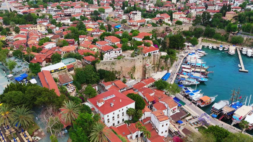 Aerial Drone Coast Mediterranean Landscape Urban Villas of Antalya Turkey Historic Harbor Marina