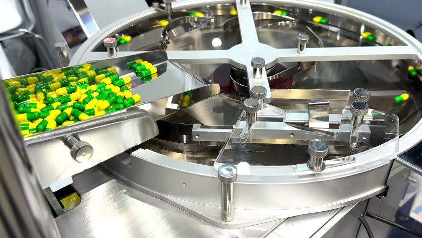 Industrial rotary capsule counter and packaging machinery line in modern pharmaceutical plant	