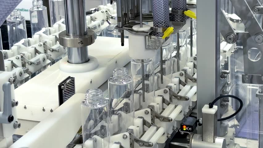 Industrial automated machinery line handling clear cosmetic serum bottles in manufacturing plant	