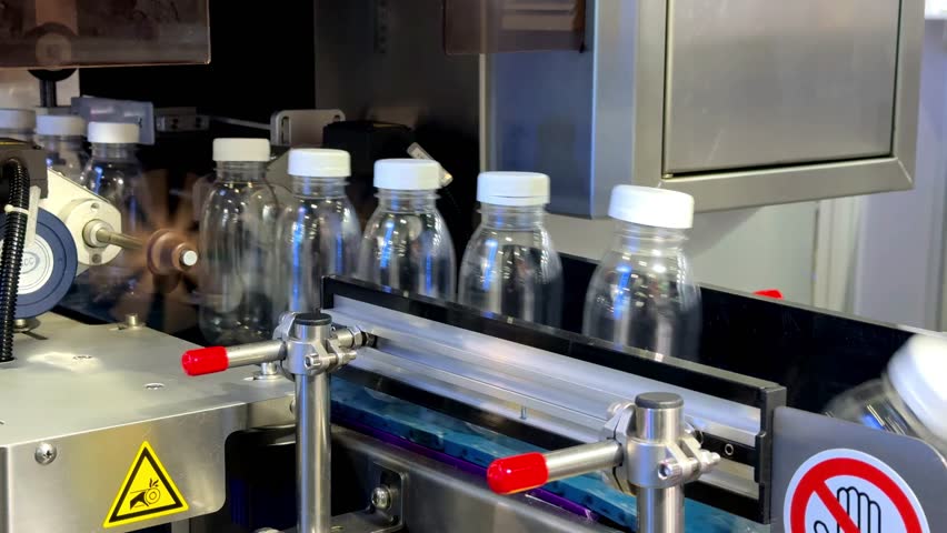 Clear plastic bottles water moving through capping process on production line