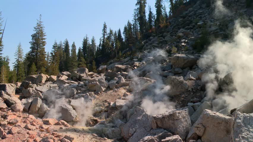 Geothermal steam venting from Bumpass Hell in Lassen Volcanic National Park in California, USA