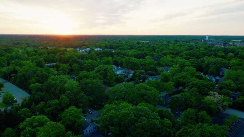 Highland Park, Illinois at sunset, homes nestled beneath a dense green summer tree canopy with a water tower on the horizon and warm fading light. North Chicago suburbs.