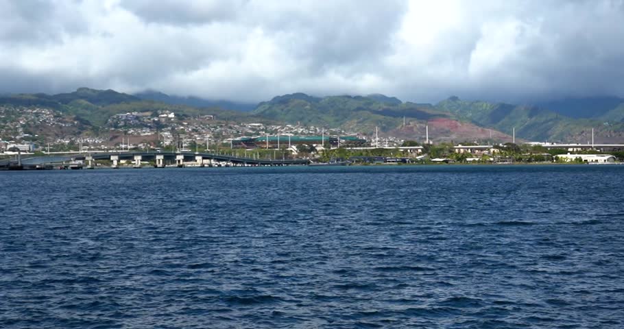 View of Oahu, Hawaii mountains from Pearl Harbor on a cloudy day