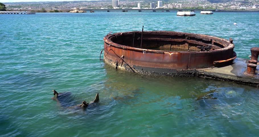 Sunken USS Arizona beneath memorial at Pearl Harbor on Oahu, Hawaii
