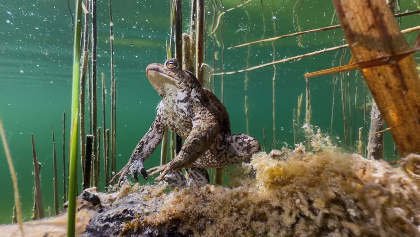 Underwater shot of male Common Toad (Bufo bufo) sitting on a submerged branch. Estonia.