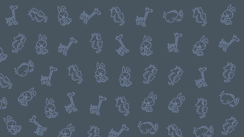Minimal cute animal seamless pattern with giraffe, rabbit, seahorse, and fish doodle icons on dark gray background. Hand drawn outline cartoon style suitable for nursery wallpaper, textile, wrapping paper, and kids products.