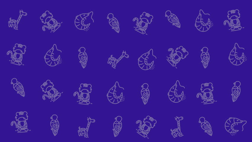 Cute hand drawn animal doodle seamless pattern featuring giraffe, tiger, shrimp, and bird icons on purple background. Minimal outline cartoon style perfect for kids fabric, wrapping paper, wallpaper, nursery decor, textile print, and scrapbook design.