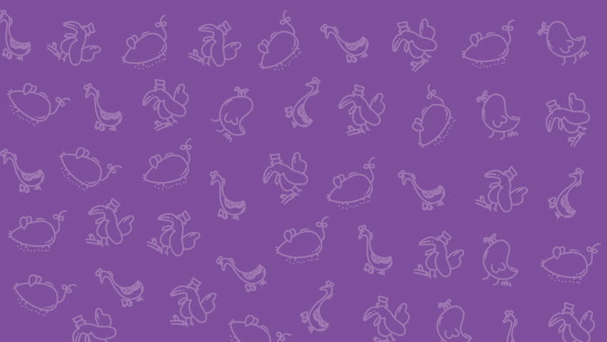 Cute animal doodle seamless pattern with bird, toucan, mouse, and flamingo icons on purple background. Hand drawn cartoon outline style perfect for fabric print, nursery wallpaper, wrapping paper, and kids decor.