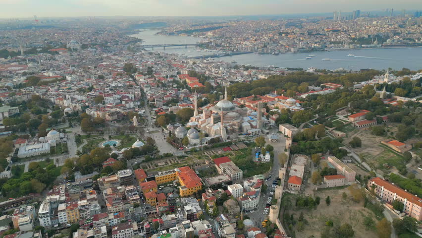 Hagia Sophia Grand Mosque And Topkapi Palace Ruins Istanbul City Turkey Drone Pull Back 4K 30FPS