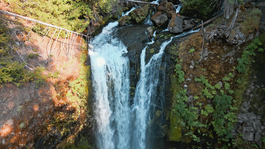 Aerial view towards stream of glacial run off feeding into Falls Creek Falls lower tier waterfall surrounded by dense forest, drone