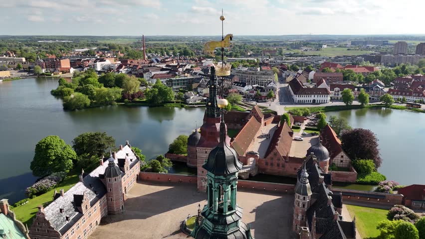 Aerial view of towers and courtyard at Frederiksborg Castle, Hillerod, Denmark
