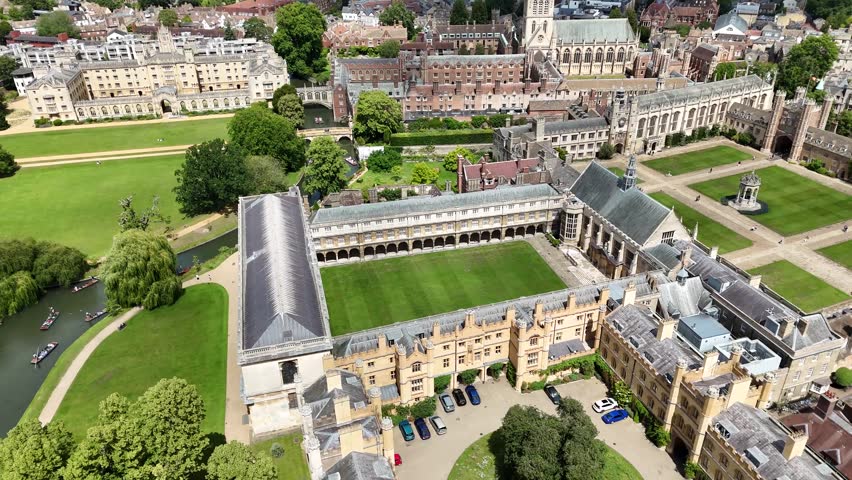 Drone shot of Trinity College, Cambridge city, United Kingdom