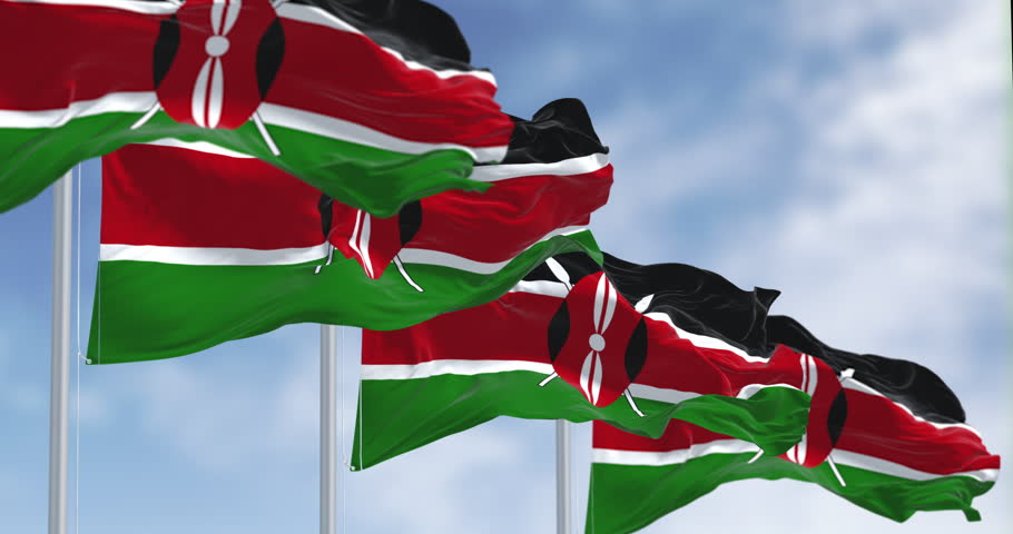 National flags of Kenya waving on a clear day. Seamless 3d render animation. Slow motion loop. Selective focus