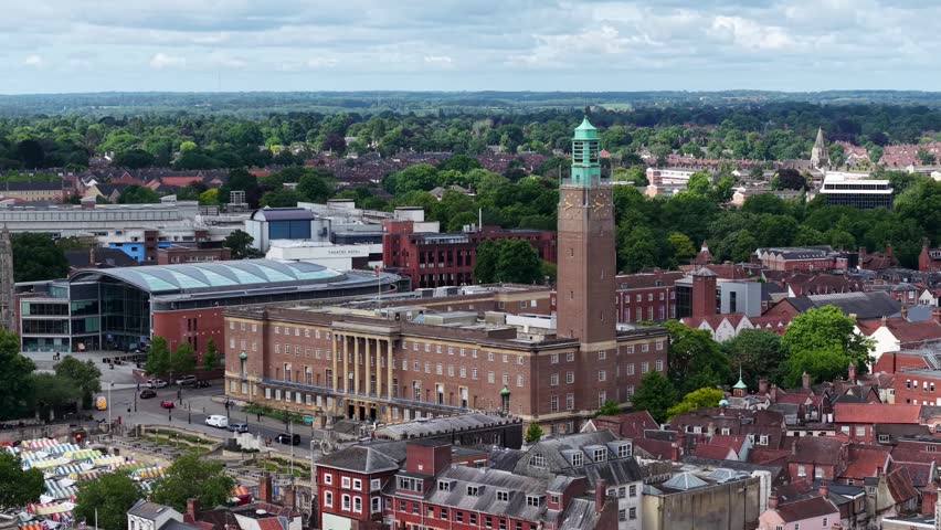 Drone shot of Norwich City Hall, Norfolk, United Kingdom