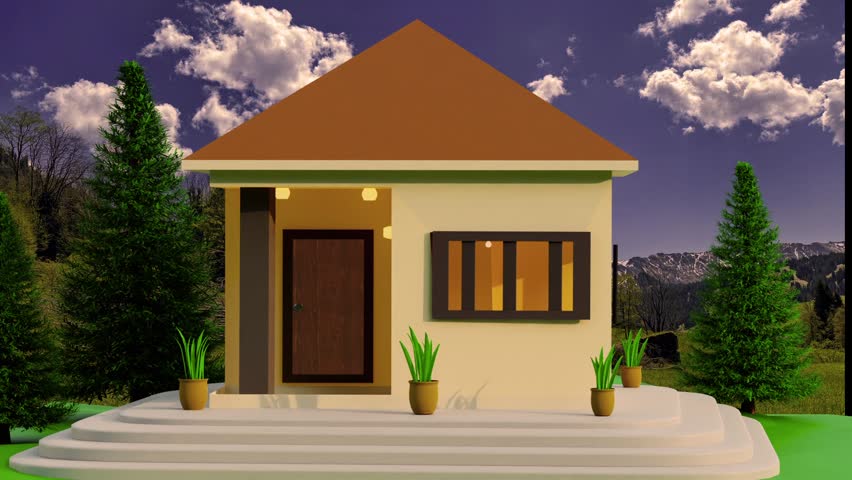 3D rendering animation with a house and Christmas trees