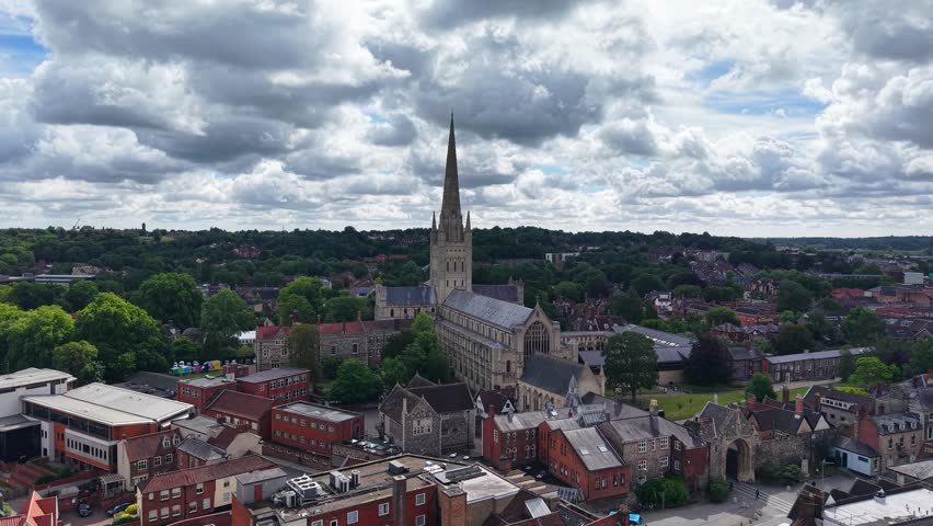 Drone shot of Norwich Cathedral, Norfolk, United Kingdom