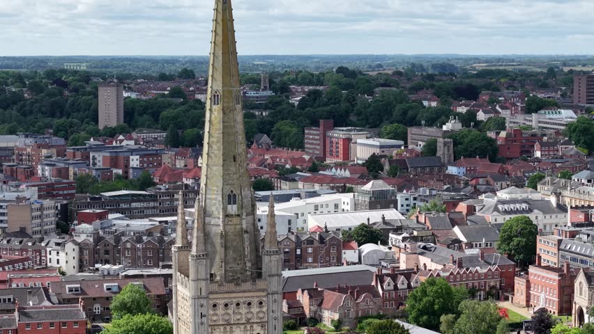 Aerial close up of Norwich Cathedral spire, Norfolk, United Kingdom