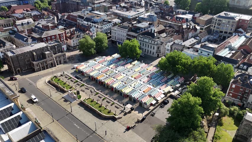 Aerial view of Norwich Market with colorful stalls, Norfolk, United Kingdom