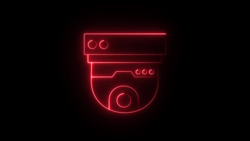 Modern Red Neon Line-Art CCTV Dome Surveillance Camera Icon. 4k animation light