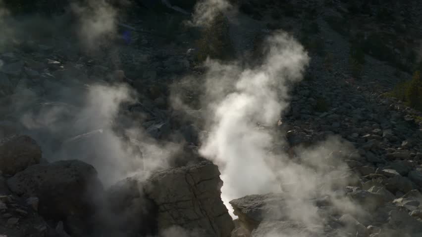 Steams From Hydrothermal Area Of Bumpass Hell Within Lassen Volcanic National Park In California, USA. Static Shot