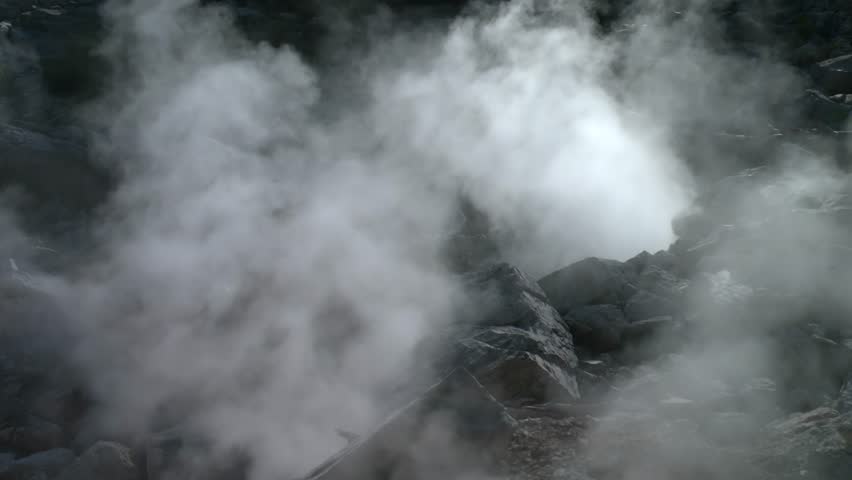 Steaming Vents At Bumpass Hell Hydrothermal Area Within Lassen Volcanic National Park In California, USA. Static Shot