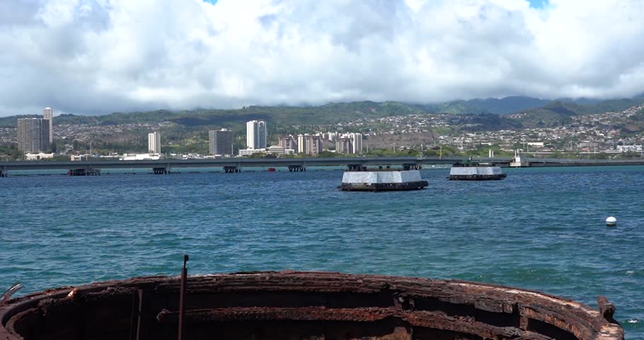 View of Honolulu from USS Arizona memorial at Pearl Harbor, Hawaii