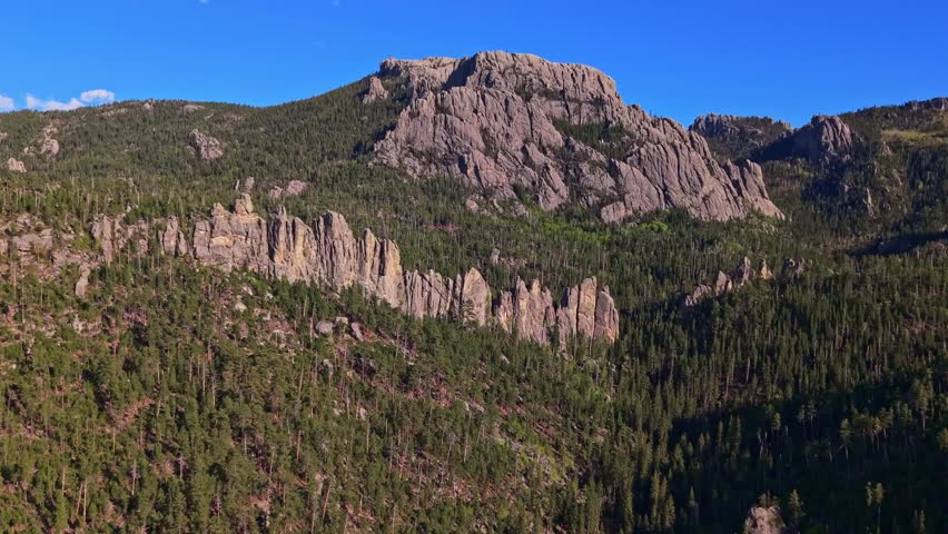 Aerial view of Black Elk Peak at sunset in the Black Hills of South Dakota.